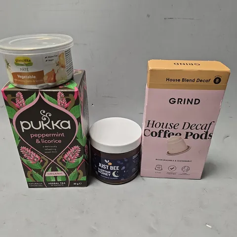 APPROXIMATELY 7 ASSORTED FOOD ITEMS TO INCLUDE - GRIND HOUSE BLEND DECAFE COFFEE PODS , PUKKA , JUST BEE SLEEPTIME HONEY ETC