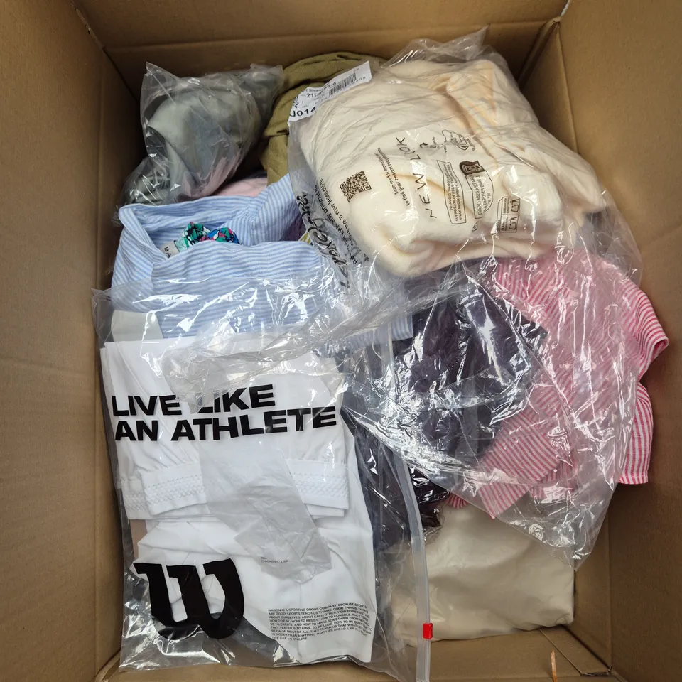 LARGE BOX OF ASSORTED CLOTHING ITEMS IN VARIOUS SIZES, STYLES AND COLOUR 