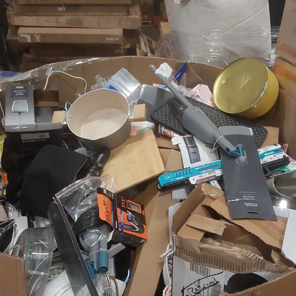 PALLET CONTAINING A VERY LARGE QUANTITY OF ASSORTED ITEMS INCLUDING: DINNERWARE, WINE GLASS, CHILDREN'S TOY, SPRAY MOP, PANS ECT