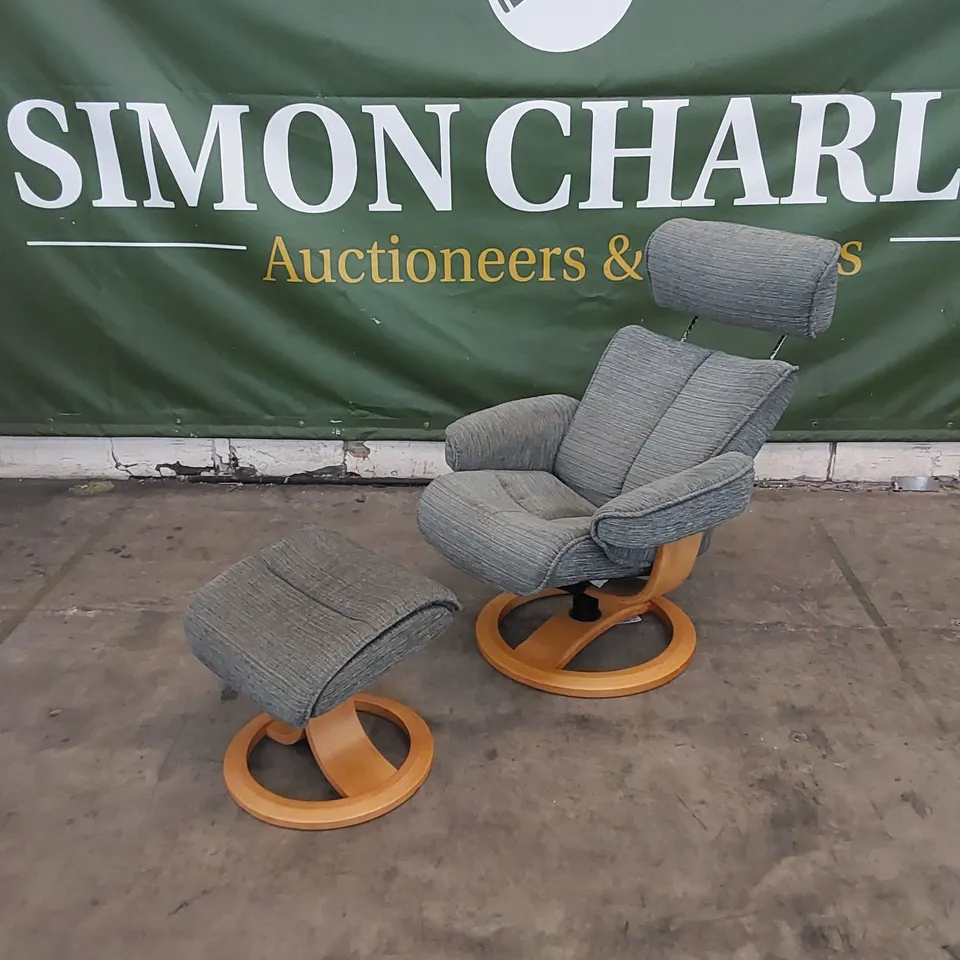 QUALITY G PLAN DESIGNER BERGEN CHAIR AND FOOTSTOOL IN WAFFLE MARINE FABRIC