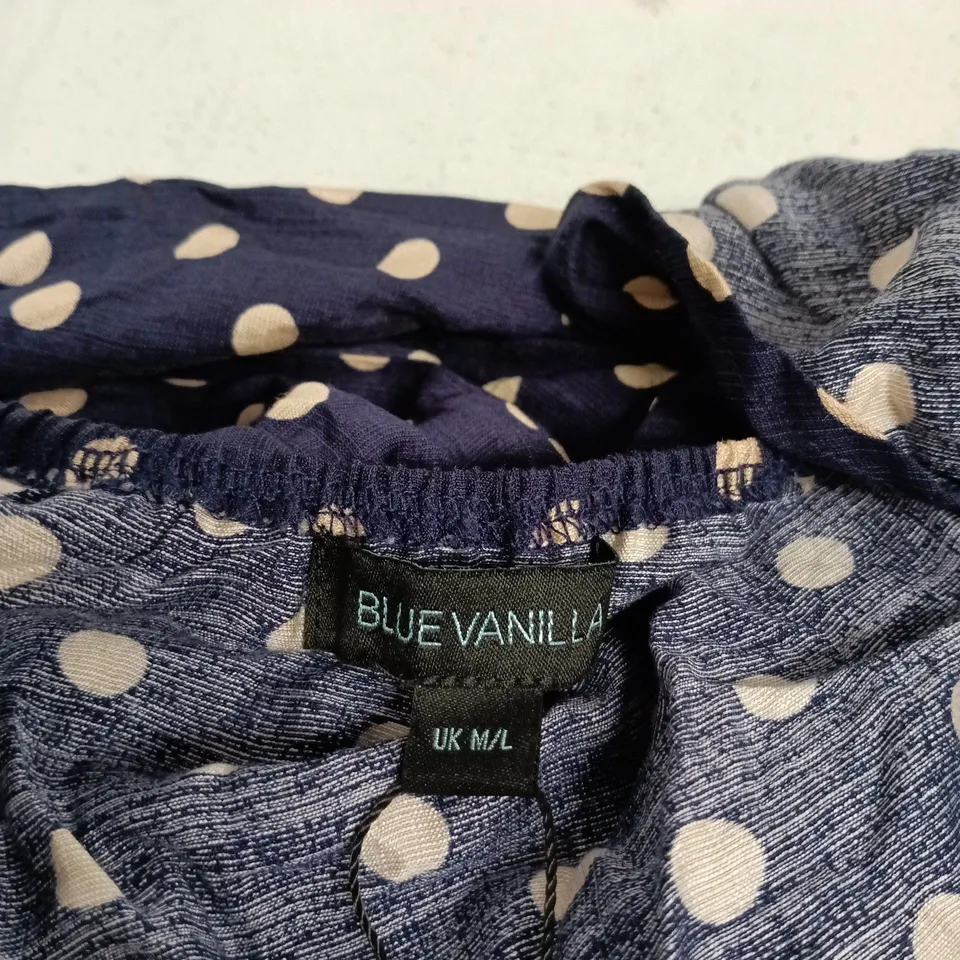BLUE VANILLA SPOT ELASTIC NECK MIDI DRESS - NAVY, UK M/L