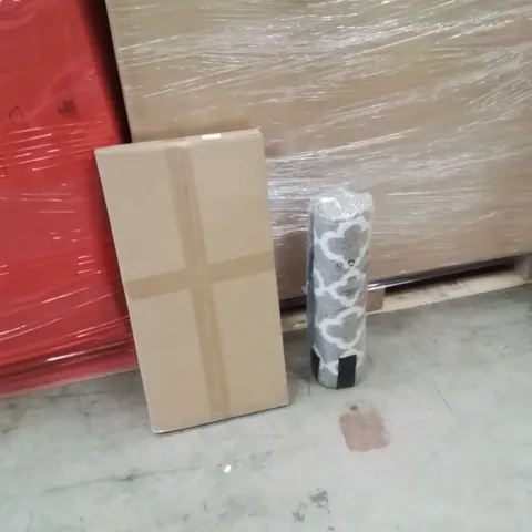 PALLET OF ASSORTED HOUSEHOLD GOODS AND PRODUCTS TO INCLUDE;AREA RUG,ADJUSTABLE SIGN BOARDS 