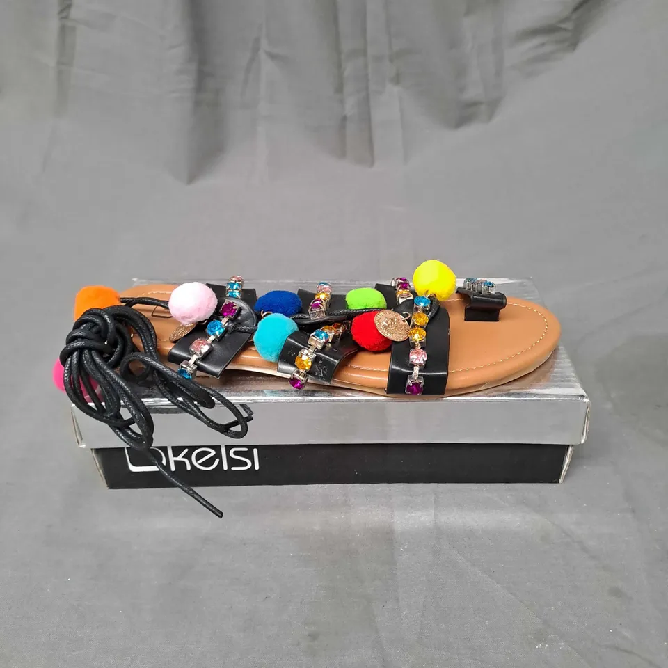 BOX OF APPROXIMATELY 10 PAIRS OF KELSI EMBELLISHED SANDALS IN BLACK - VARIOUS SIZES