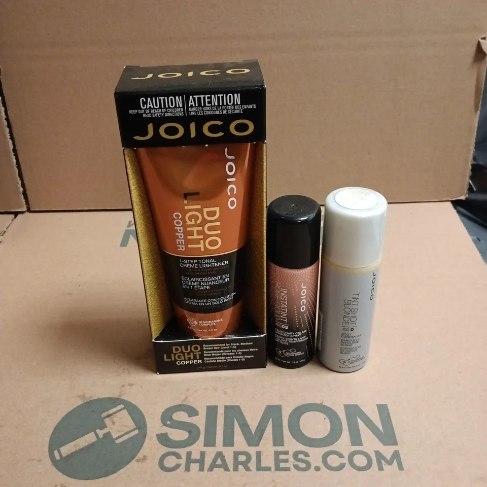 APPROXIMATELY 18 X ASSORTED JOICO HAIR CARE PRODUCTS TO INCLUDE DUO LIGHT COPPER 1 STEP TONAL CREME LIGHTENER, TINT SHOT BLONDE ETC
