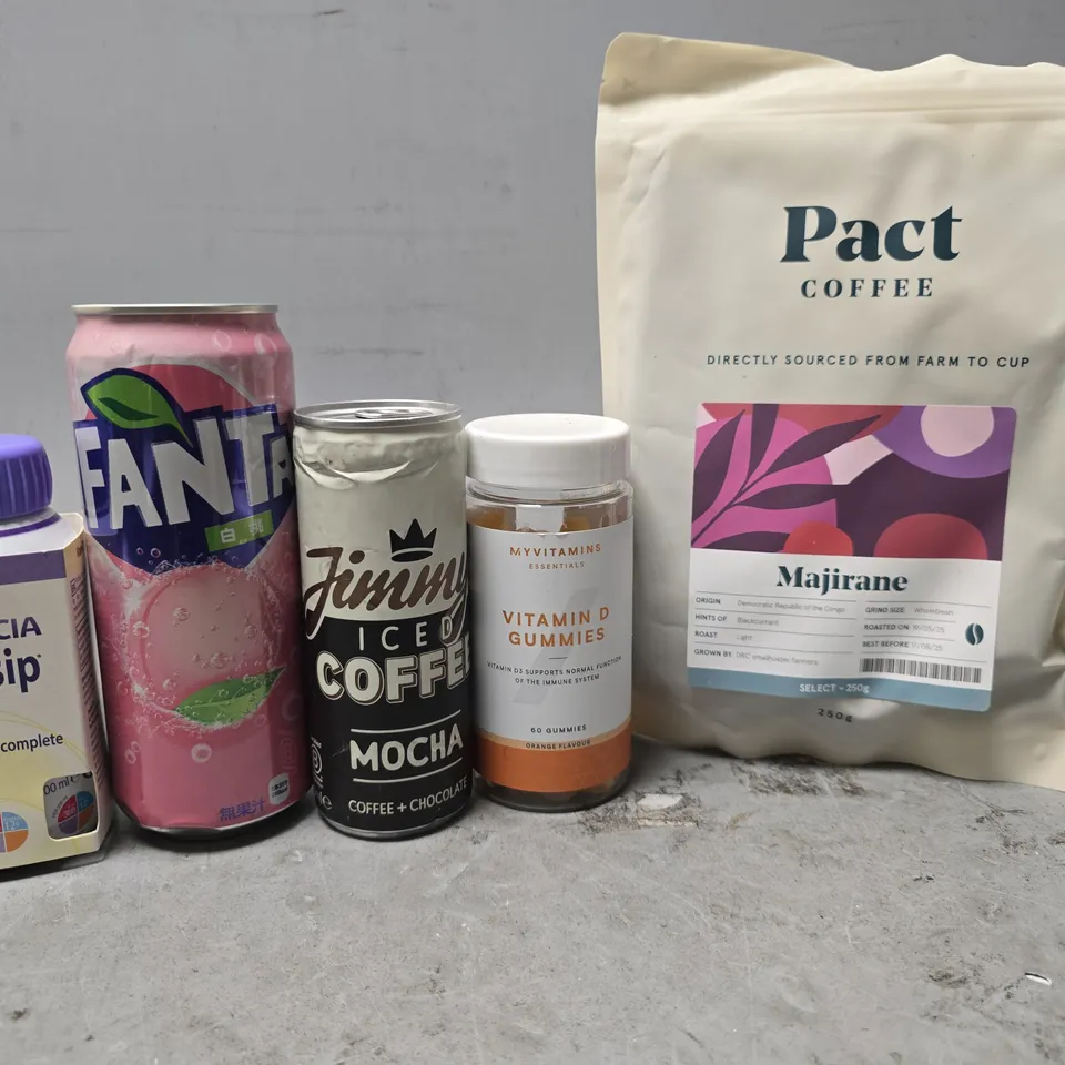 APPROXIMATELY 10 ASSORTED FOOD & DRINK ITEMS TO INCLUDE - NUTRICIA FORTSIP , PACT COFFEE , FANTA ETC