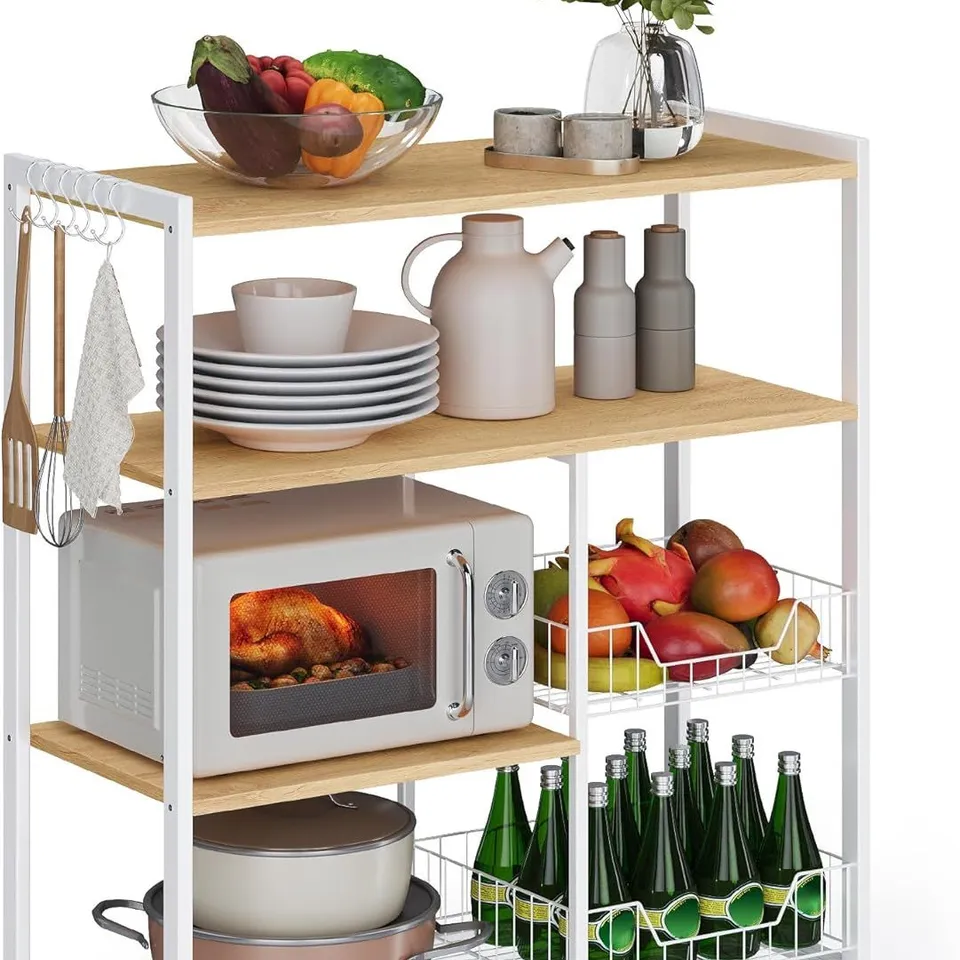 BOXED VASAGLE BAKER’S RACK, KITCHEN ISLAND WITH 2 METAL MESH BASKETS, SHELVES AND HOOKS, 80 X 35 X 95 CM, INDUSTRIAL STYLE, OAK BEIGE AND WHITE