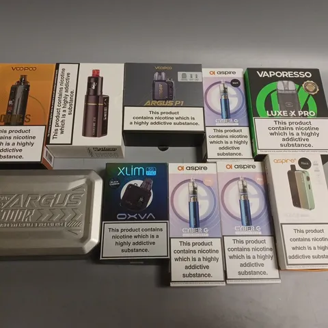 APPROXIMATELY 10 ASSORTED E-CIGARETTE PRODUCTS TO INCLUDE VAPORESSO, ASPIRE, VOOPOO ETC 