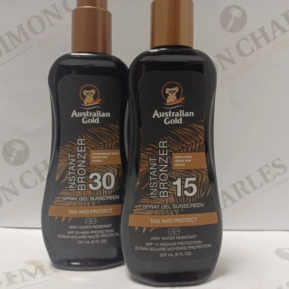 LOT OF 2 X 237ML AUSTRALIAN GOLD INSTANT SUNSCREEN SPRAY SPF 30 & SPF 15 