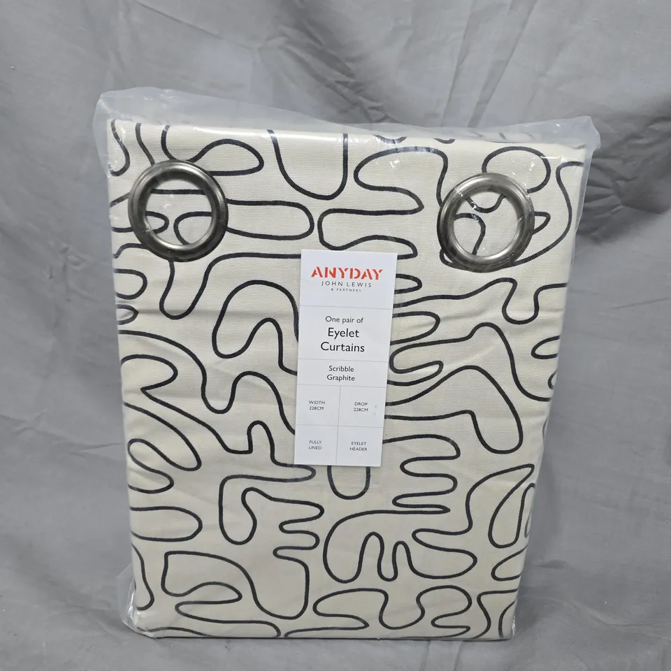 JOHN LEWIS ANYDAY EYELET CURTAINS – SCRIBBLE GRAPHITE, 228CM X 228CM, FULLY LINED