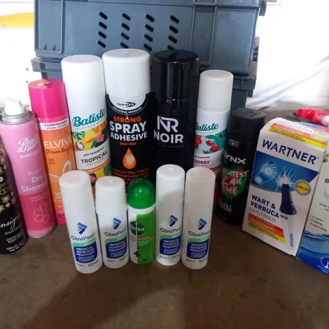 APPROXIMATELY 15 ASSORTED AEROSOL SPRAYS TO INCLUDE; FLOWER BLOOM, BOOTS, BATISTE, BOND IT AND WARTNER