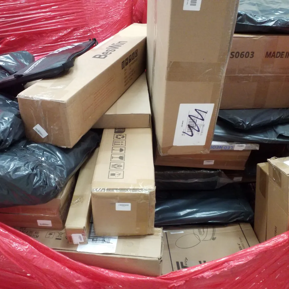 PALLET CONTAINING ASSORTED PRODUCTS INCLUDING FIRE BOWL, TOILET RISER, 3 BAR LED STRETCHER & WALL MOUNTED TV WALL MOUNT