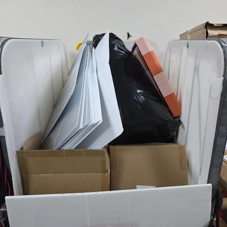 CAGE OF APPROXIMATELY 20 ASSORTED ITEMS TO INCLUDE SELF ADHESIVE TILES, COLLAPSIBLE STORAGE BOX ETC