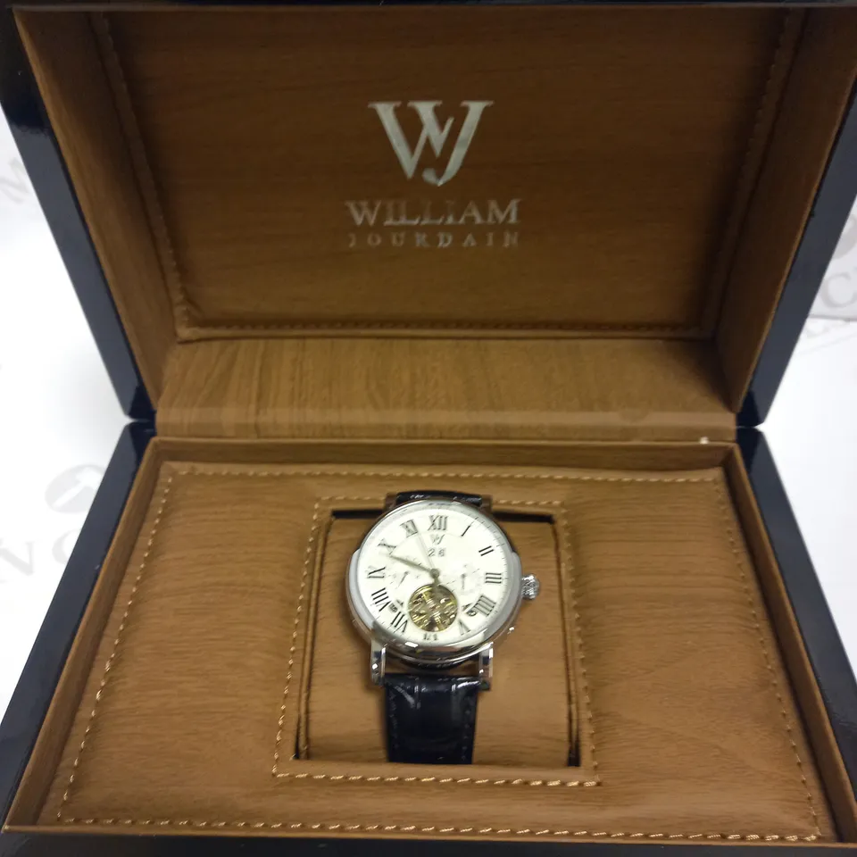 WILLIAM JOURDAIN PART SKELETON WAVE DIAL LEATHER STRAP WATCH