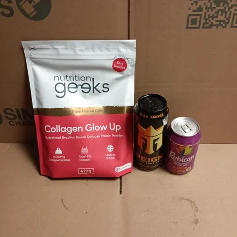 APPROXIMATELY 12 ASSORTED FOOD AND DRINKS ITEMS TO INCLUDE - NUTRITION GEEKS COLLAGEN GLOW UP 420G, REIGN ENERGY ORANGE DREAMSICLE, RUBICON PASSION ETC 