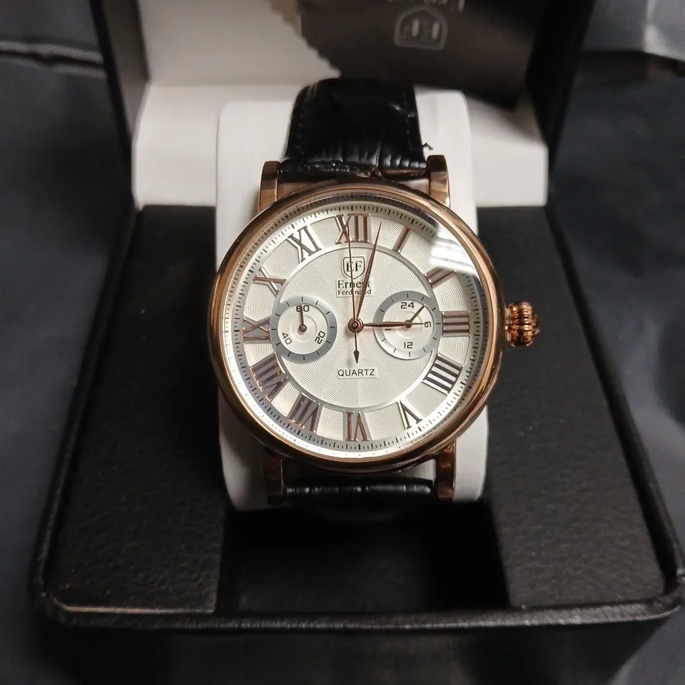 ERNEST FERDINAND EF QUARTZ WRISTWATCH – ROSE GOLD TONE CASE, BLACK LEATHER STRAP (BOXED)