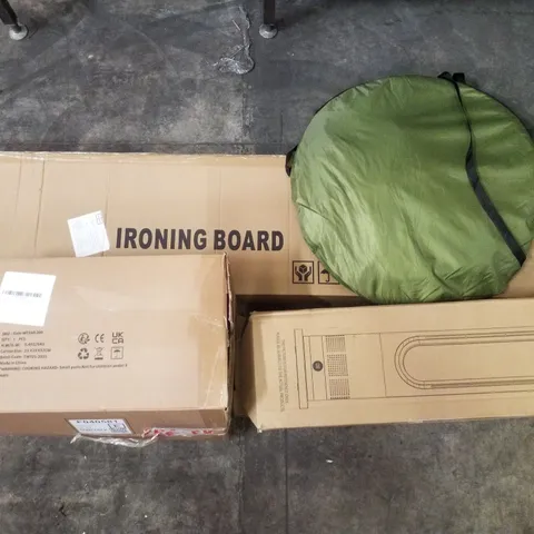 PALLET CONTAINING ASSORTED PRODUCTS INCLUDING IRONING BOARD, POP UP TENT, MATTRESS TOPPER & PURE COOL FAN