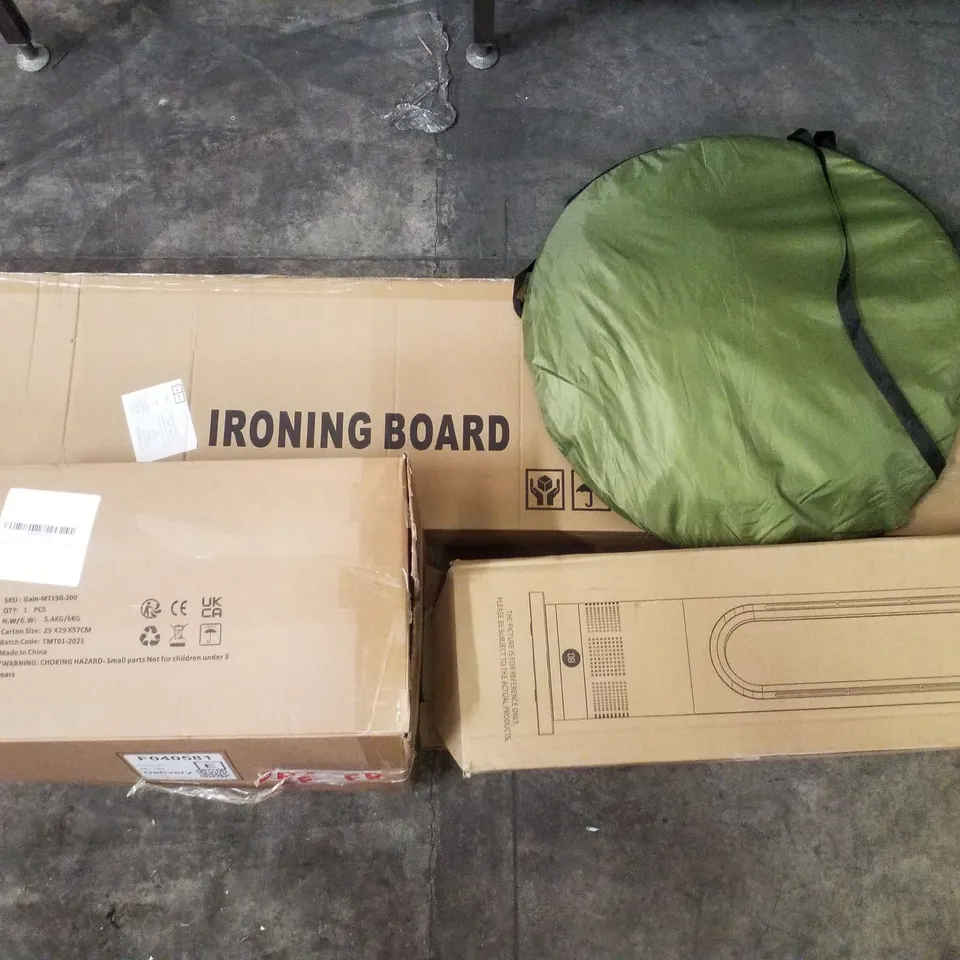 PALLET CONTAINING ASSORTED PRODUCTS INCLUDING IRONING BOARD, POP UP TENT, MATTRESS TOPPER & PURE COOL FAN