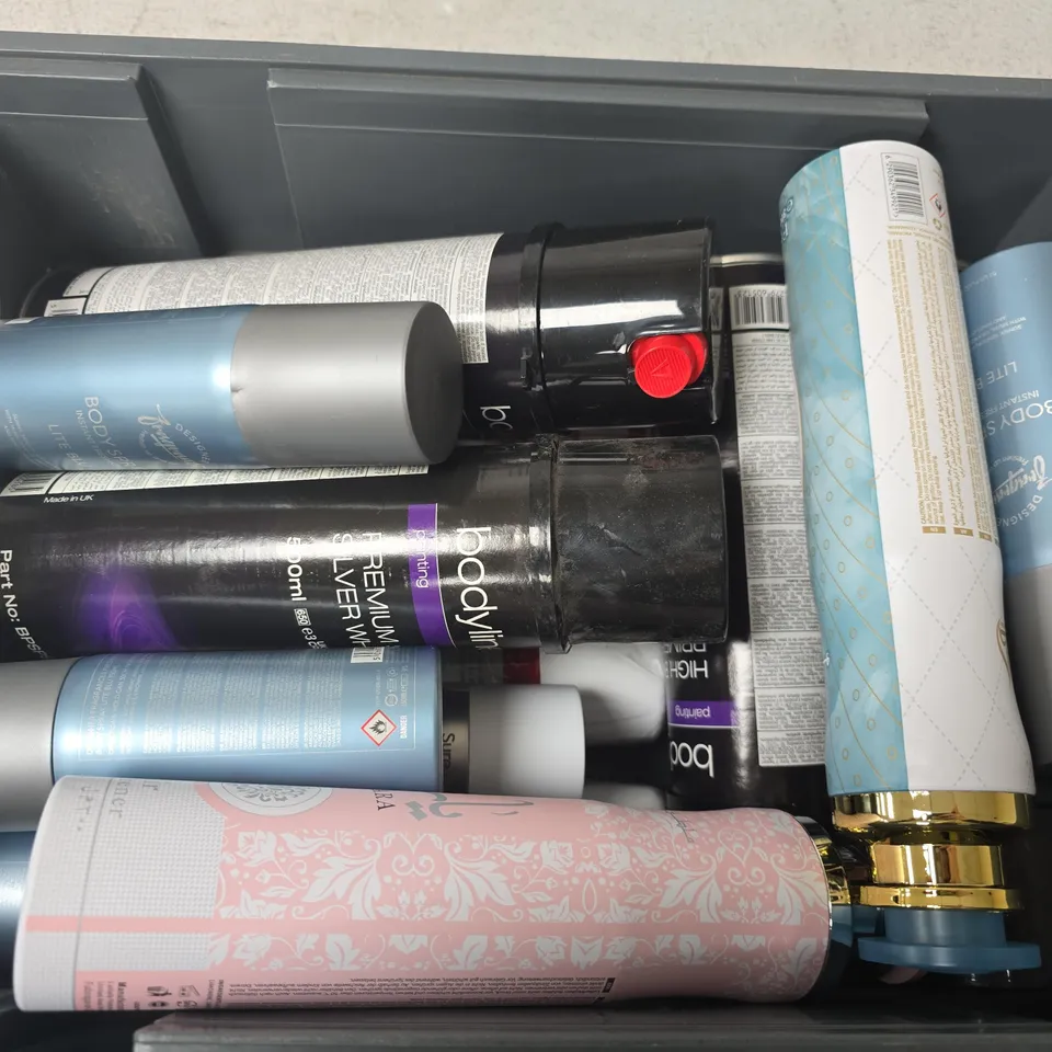 APPROXIMATELY 13 ASSORTED AEROSOLS TO INCLUDE TRIM-FIX ADHESIVE, BODYLINE PREMIUM SPRAY GLOSS BLACK, LITE BLU BODY SPRAY, ETC - COLLECTION ONLY