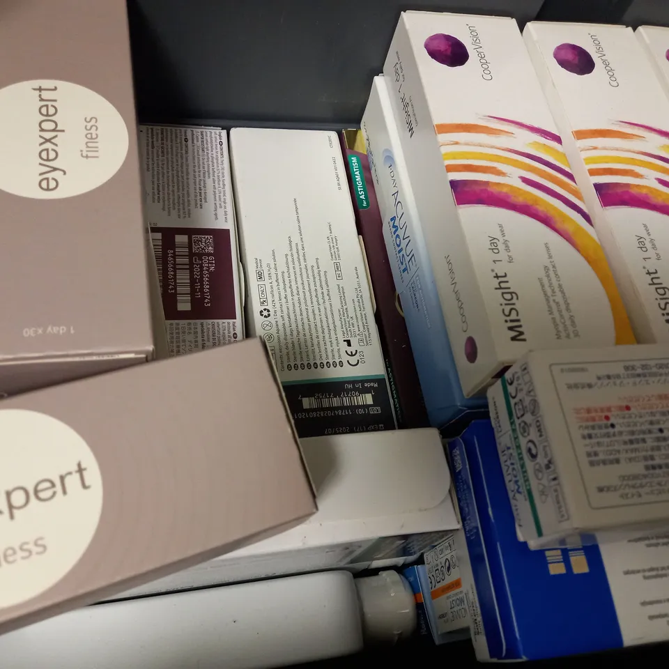 BOX OF APPROX 25 ASSORTED CONTACT LENSES AND CONTACT LENSE SOLUTIONS