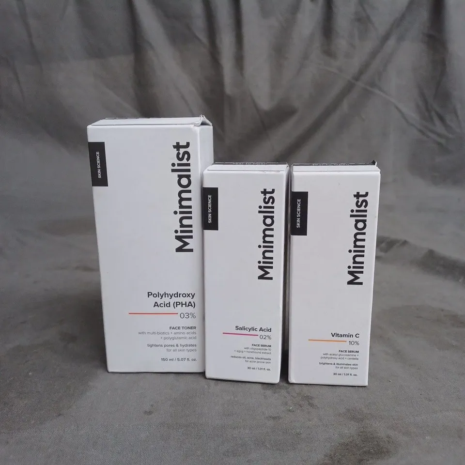 LOT OF 3 MINIMALIST SKINCARE PRODUCTS TO INCLUDE FACE SERUMS 30ML AND TONER 150ML