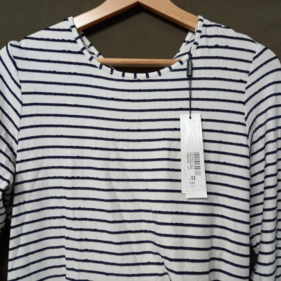 ROMAN STRIPED PEPLUM TOP IN WHITE/NAVY - SIZE 12