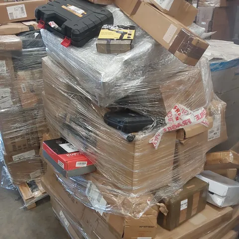 PALLET CONTAINING VARIOUS ASSORTED BOXED HOUSEHOLD ITEMS AND TOOLS TO INCLUDE,  CORDLESS DRILLS, IMPACT WRENCH, CLUTCH KIT, CAR MOUNTED VACUUM 