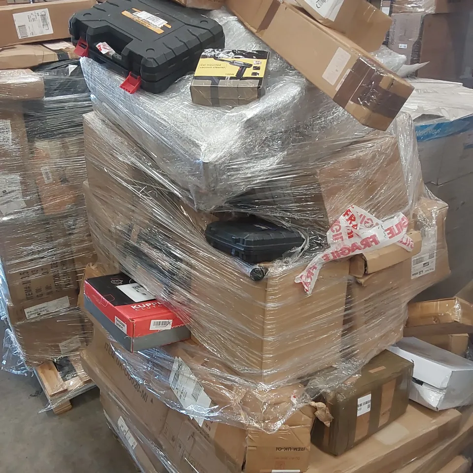 PALLET CONTAINING VARIOUS ASSORTED BOXED HOUSEHOLD ITEMS AND TOOLS TO INCLUDE,  CORDLESS DRILLS, IMPACT WRENCH, CLUTCH KIT, CAR MOUNTED VACUUM 