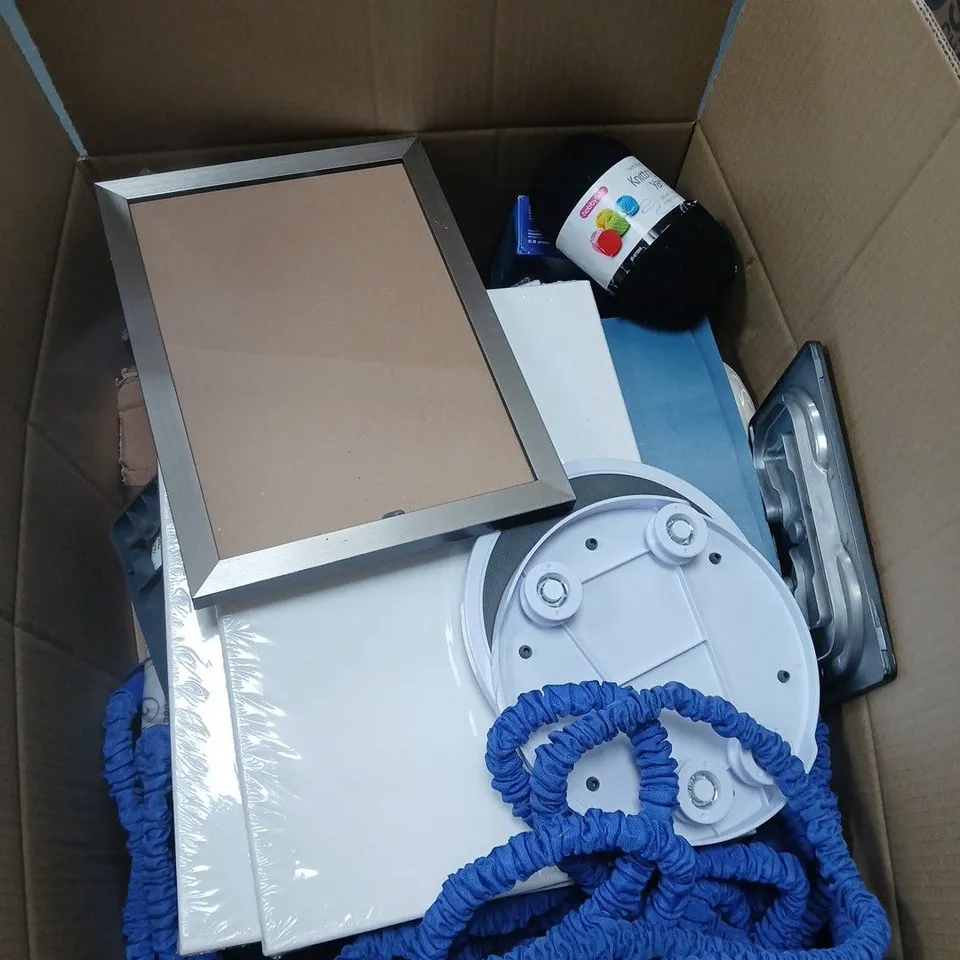 BOX OF APPROXIMATELY 20 ASSORTED HOUSEHOLD PRODUCTS INCLUDING PHOTO FRAME , KNITTING YARN AND OCEAN SAVER DISHWASHER TABLETS 