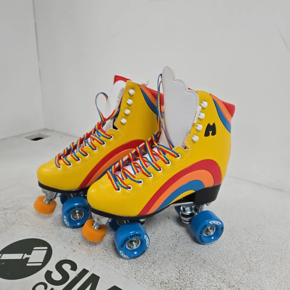 RAINBOW-COLOURED QUAD ROLLER SKATES – SIZE UNSPECIFIED