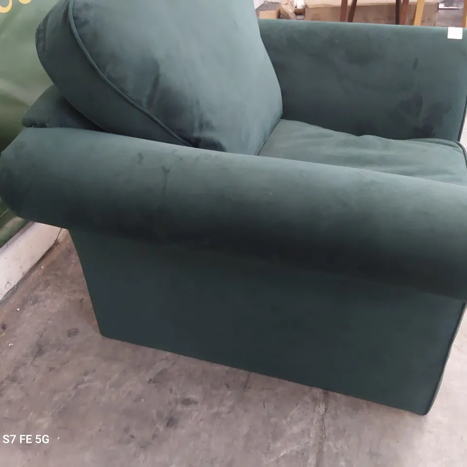 DESIGNER SCROLL ARM EASY CHAIR PLUSH GREEN FABRIC 