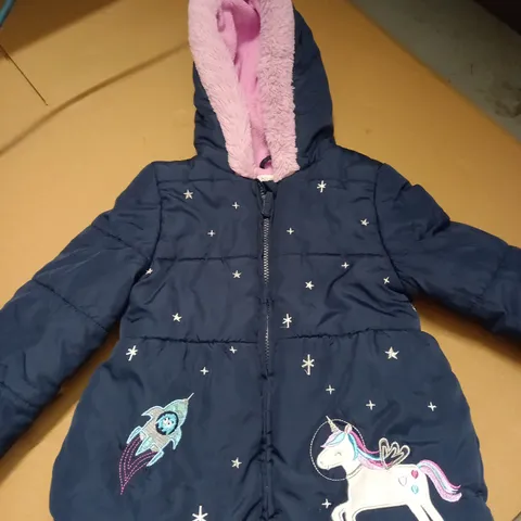 BLUE ZOO NAVY BLUE/PINK WITH UNICORN/ROCKET DETAIL CHILDRENS COAT - 3-4 YEARS