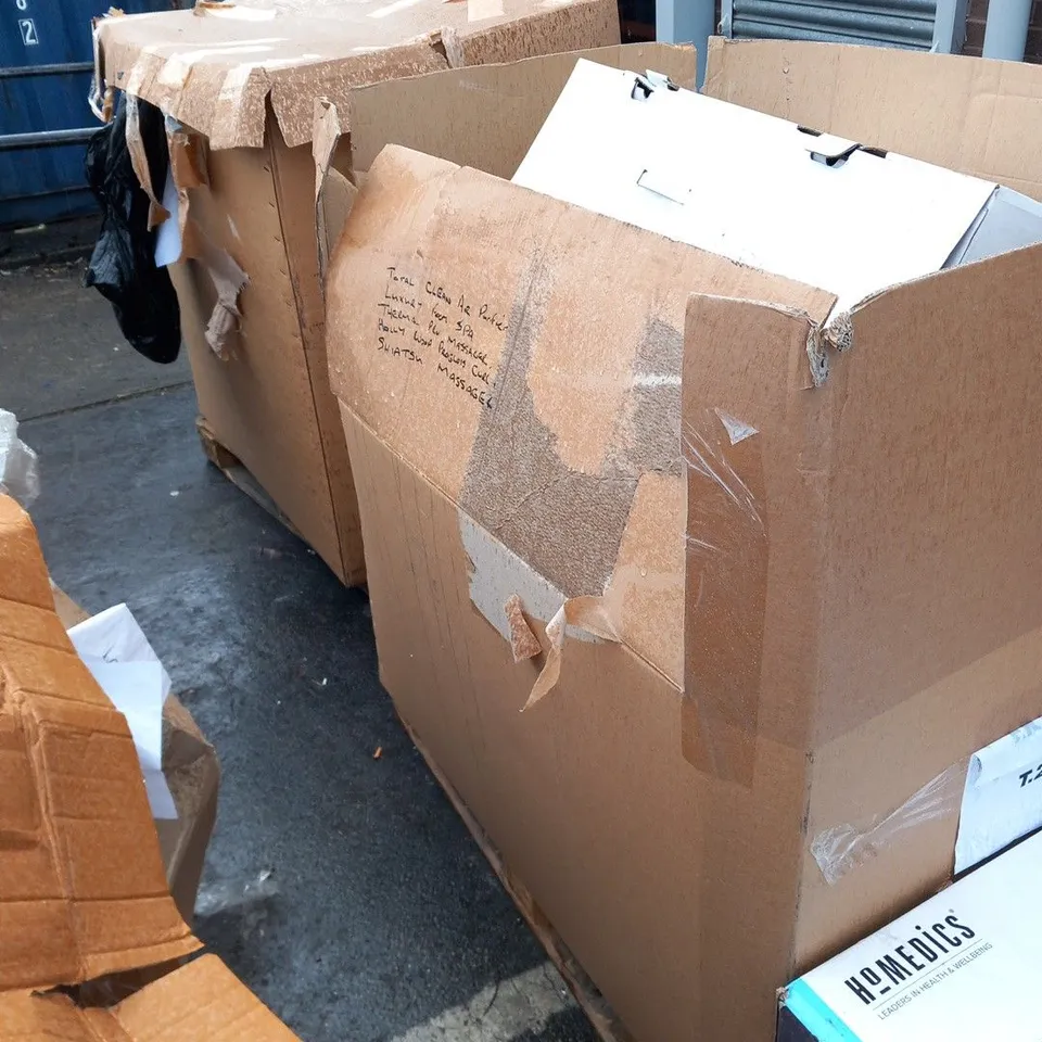 PALLET OF APPROXIMATELY 12 ASSORTED UNBOXED HOMEDICS AND REVAMP RODUCTS TO INCLUDE; TOTAL CLEAN AIR PURIFIER, LUXURY FOOT SPA, THERMAL PRO MASSAGER, HOLLYWOOD PROGLOSS CURL AND SHIATSU MASSAGER