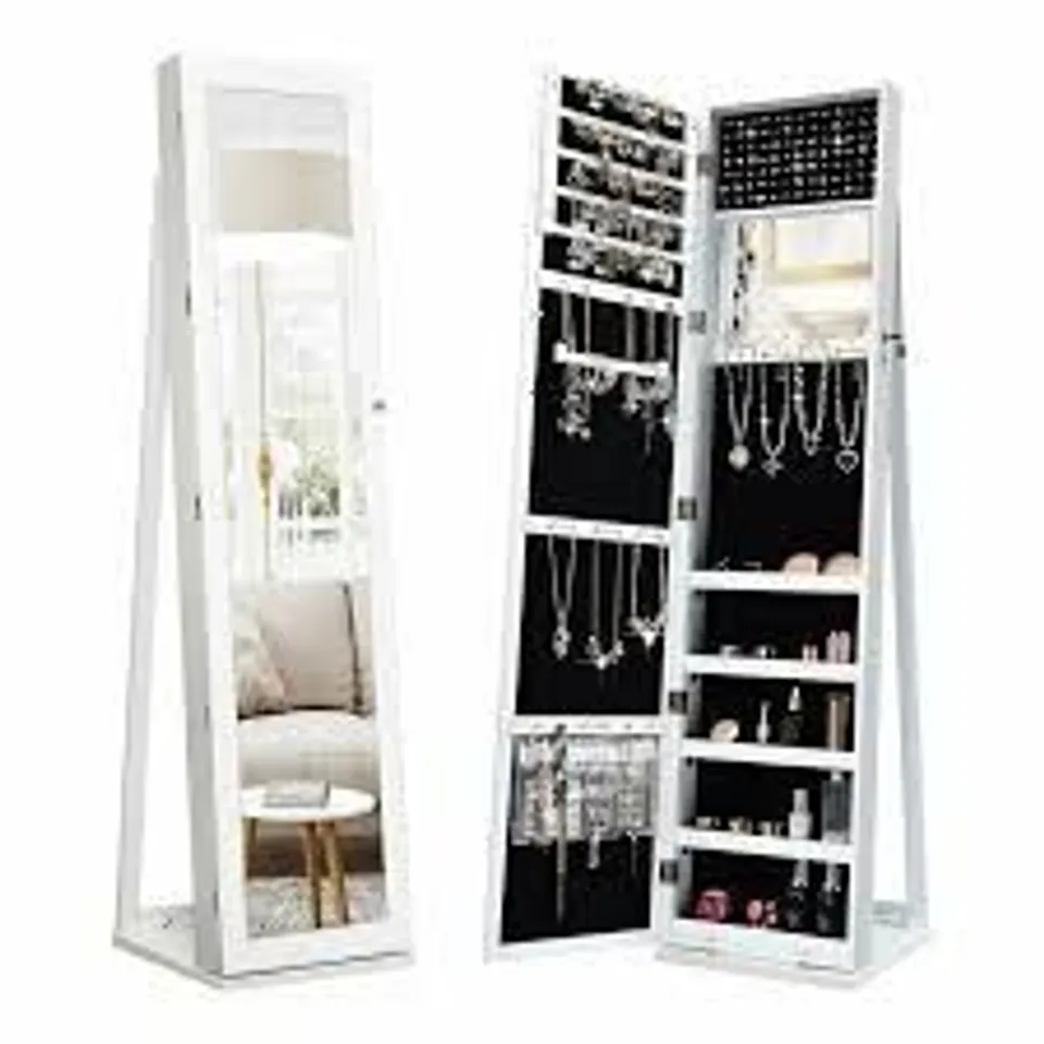 BOXED COSTWAY MIRRORED JEWELRY CABINET LOCKABLE STANDING STORAGE ORGANIZER IN WHITE (1 BOX)