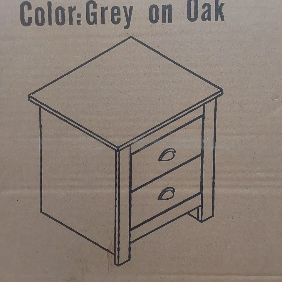 BRAND NEW BOXED 2-DRAWER BEDSIDE TABLE IN GREY/OAK - CC26 (1 BOX)