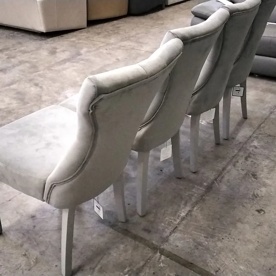 SET OF 4 GREY PLUSH FABRIC BUTTONBACK DINING CHAIRS WI5H GREY WOODEN LEGS