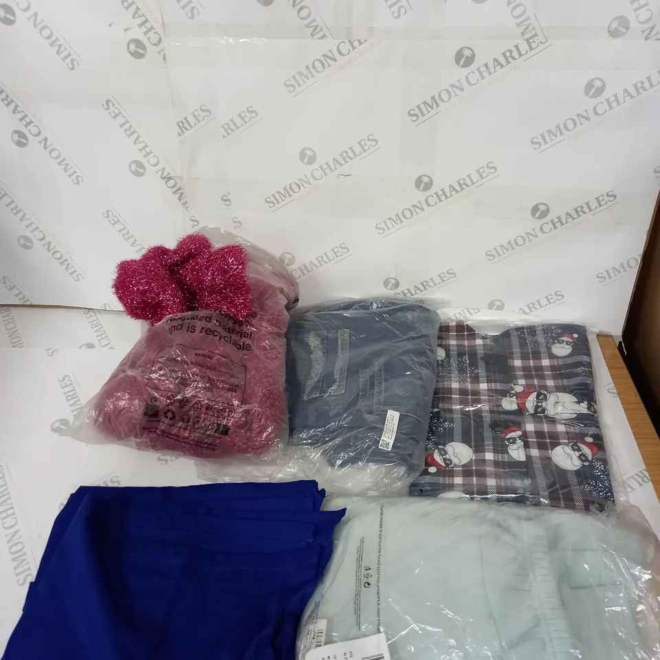 LARGE BOX OF ASSORTED CLOTHING ITEMS IN VARIOUS COLOURS AND SIZES INCLUDING TROUSERS , TOPS AND JUMPERS 