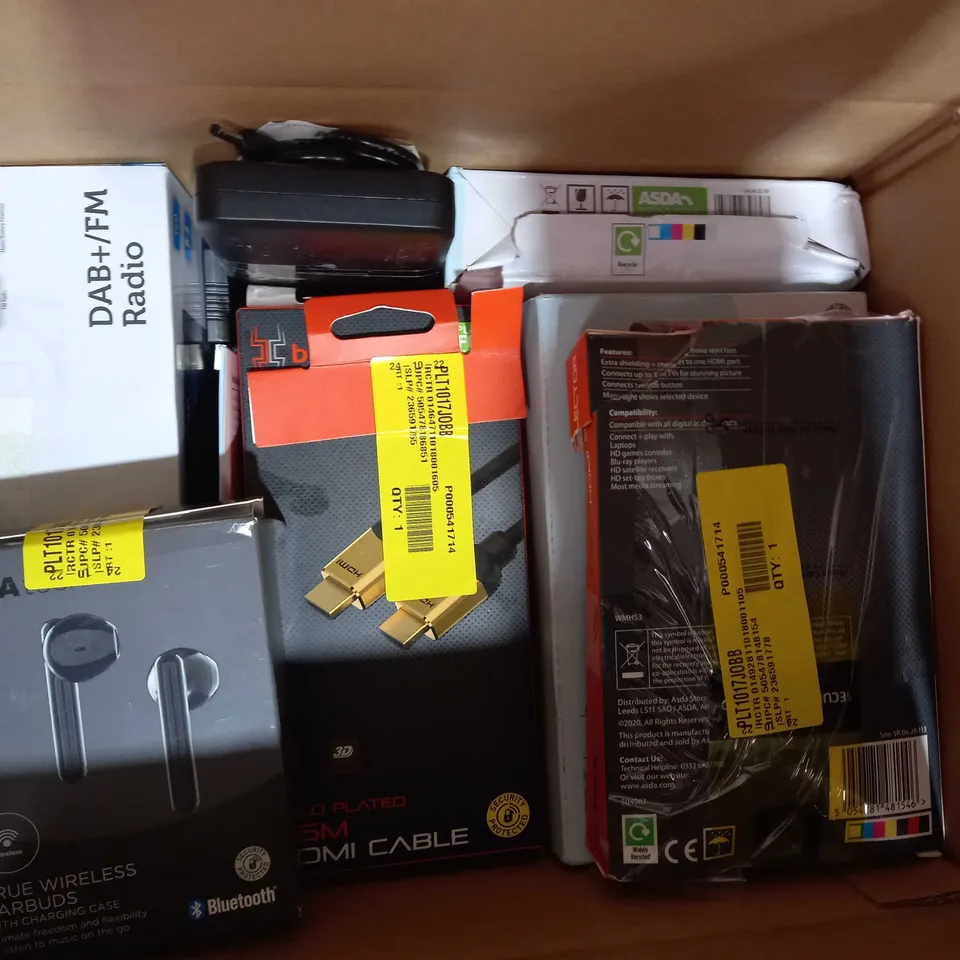 BOX OF APPROXIMATELY 10 ASSORTED ELECTRICAL ITEMS TO INCLUDE ONN EARPHONES WITH MICROPHONE, ONN TRUE WIRELESS EARBUDS, BLACKWEB MICRO USB TO USB-A CABLE, ETC