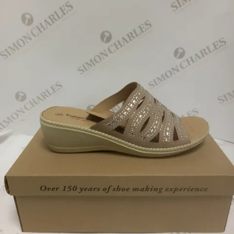 BOXED PAIR OF CUSHION WALK DIAMANTE MULES, TAUPE - SIZE 5