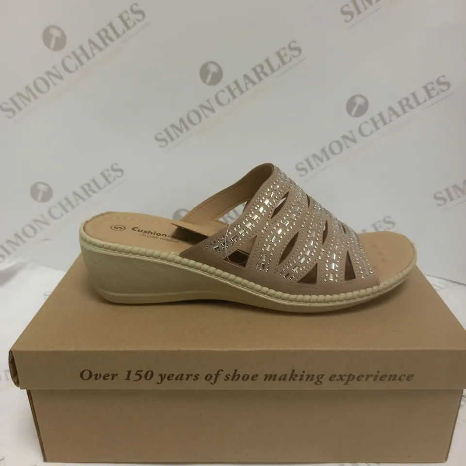 BOXED PAIR OF CUSHION WALK DIAMANTE MULES, TAUPE - SIZE 5