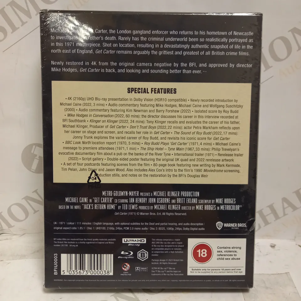 SEALED GET CARTER BFI 4K ULTRA HD COLLECTOR'S EDITION BLU-RAY WITHPOSTER, SCRIPT GALLERY, POSTCARDS, 80 PAGE BOOK & DOCUMENTARY/EXTRA FEATURES