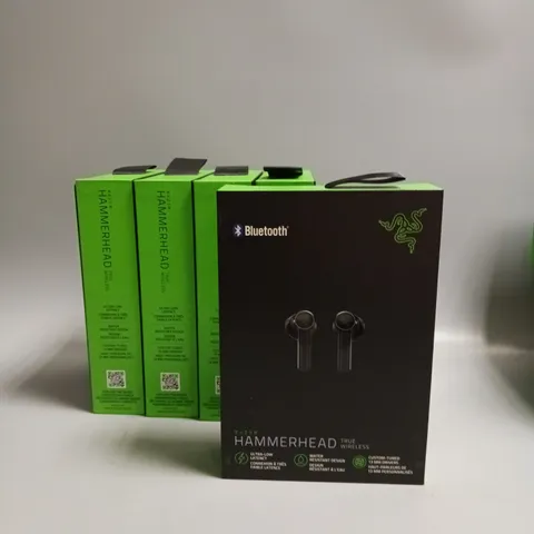 LOT OF 5 BOXEED RAZER HAMMERHEAD WIRELESS HEADPHONES IN BLACK AND GREEN INCLUDES CHARGING CASE, CABLE, WRIST STRAP AND SPARE BUDS