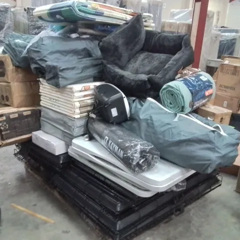 PALLET CONTAINING VARIOUS HOUSEHOLD ITEMS TO INCLUDE;DOG CAGES,FOLDING TABLES,KIDS PLAYPENS,CAMPING CHAIR,HEATER,DOG BED