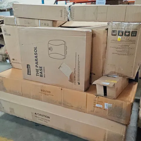 PALLET OF ASSORTED PRODUCTS TO INCLUDE;BAR TABLE,PARASOL BASE,DOUBLE DEEP POT SINK,TABLE BASE,GLASSES