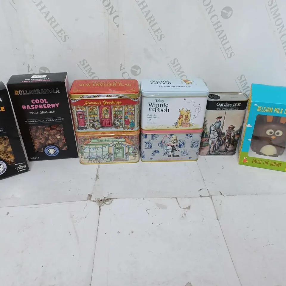 ASSORTED FOOD TOTE TO INCLUDE ROLLAGRANOLA, NEW ENGLISH TEAS, AND BELGIAN MILK CHOC BUNNY ETC. 