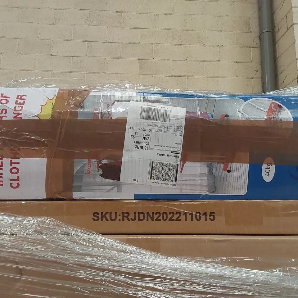 PALLET CONTAINING A LARGE ASSORTMENT OF CONSUMER PRODUCTS INCLUDING: CORDLESS VACUUM CLEANER, KICK SCOOTER, STANDING CLOTHES HANGER ECT