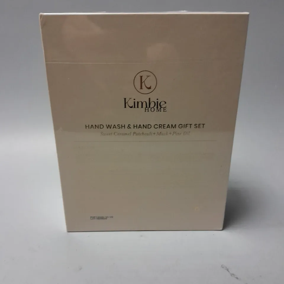 SEALED KIMBIE HOME HAND WASH & HAND CREAM GIFT SET IN CARAMEL, MUSK AND PINE