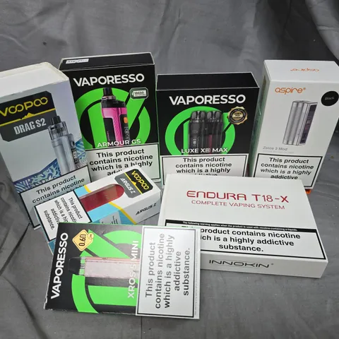 APPROXIMATELY 25 ASSORTED VAPE & E-CIGARETTE PRODUCTS TO INCLUDE BRANDS SUCH AS ASPIRE, VAPORESSO, INNOKIN, ETC