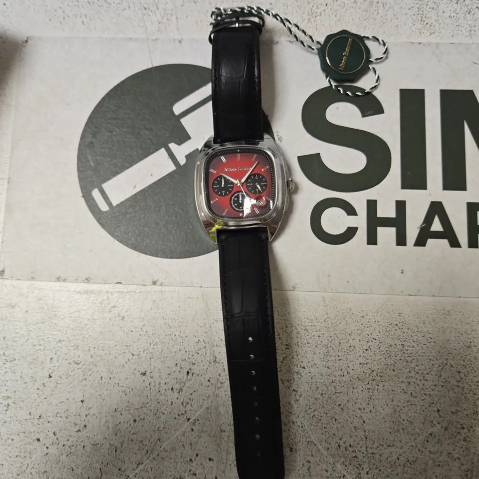 MANN EGERTON CHRONOGRAPH WATCH, RED DIAL, BLACK LEATHER STRAP – BOXED