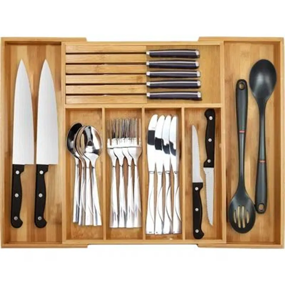 BOXED BAMBOO CUTLERY DRAWER ORGANISER EXTENDABLE FLATWARE CADDY (1 BOX)