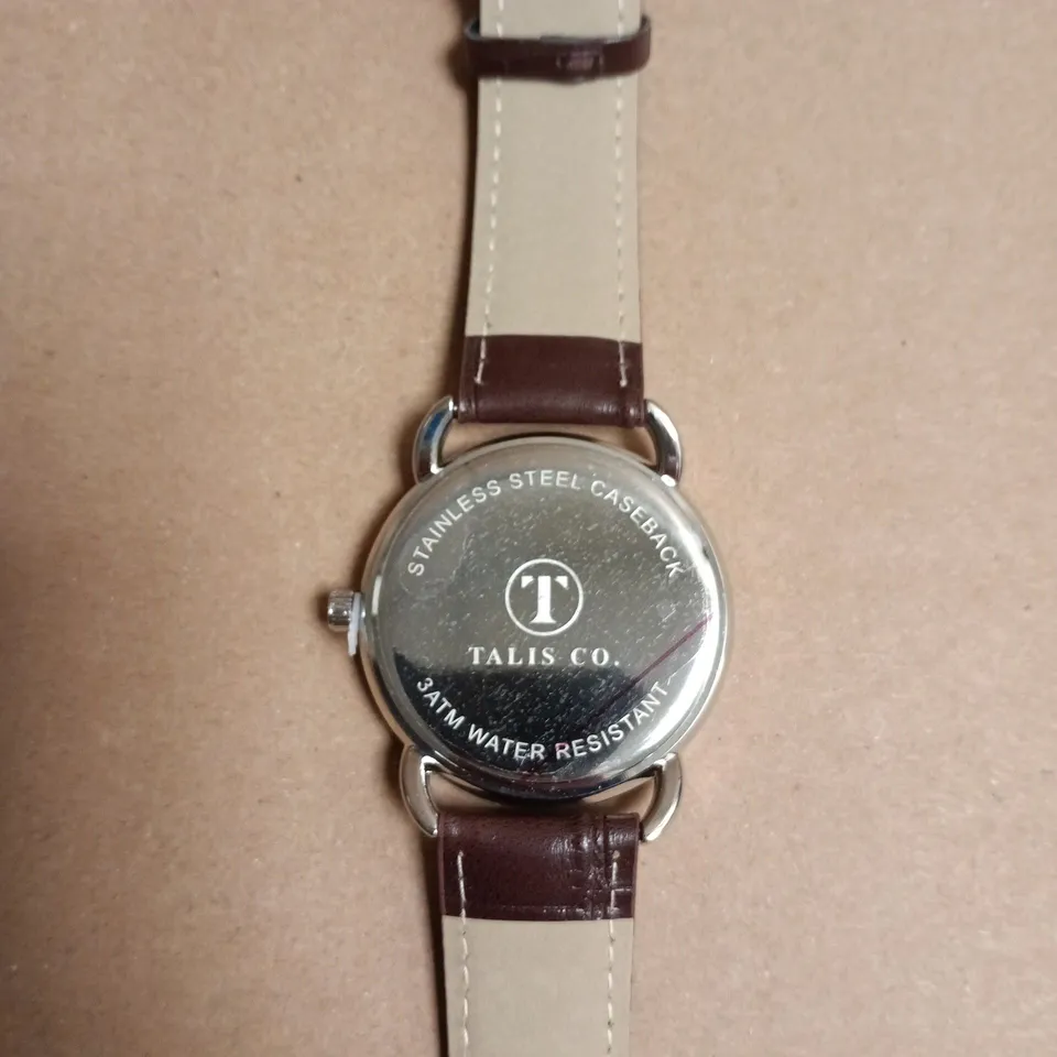 BOXED TALIS CO. WRISTWATCH – GREEN DIAL WITH ROMAN NUMERALS, BROWN LEATHER STRAP